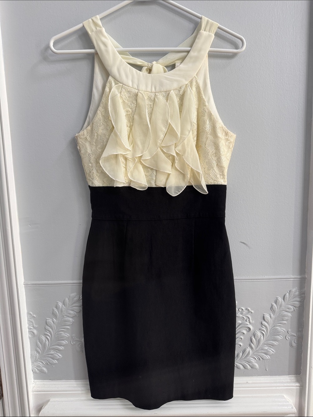 Teeze Me Ivory and Black Shoulder Ruffle Sheath Dress